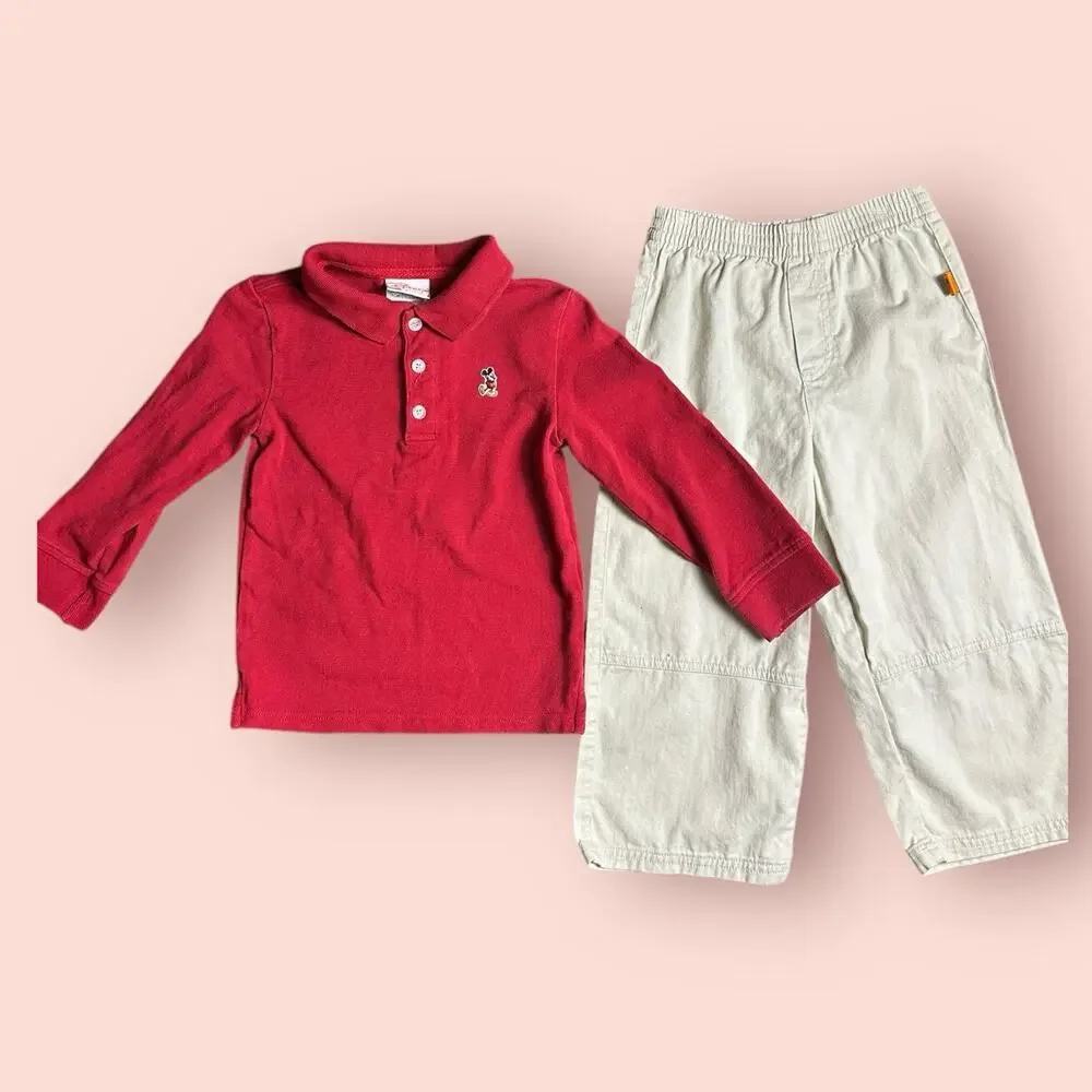 Vtg Mickey Mouse Disney Toddler Outfit Set 4T Polo Shirt Khaki Kids XS Pants